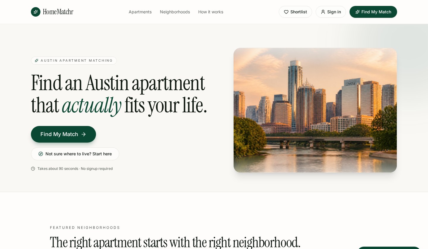Austin Rental Concierge homepage with apartment matching, featured neighborhoods, and the Find My Match flow.
