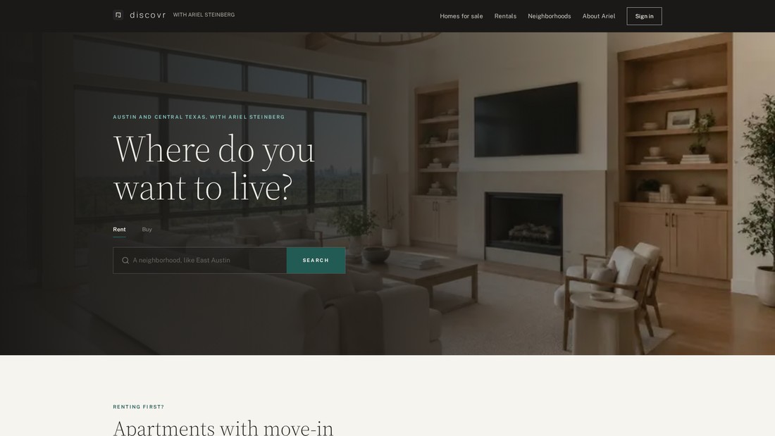 Discovr home page with a search box asking where you want to live in Austin and Central Texas